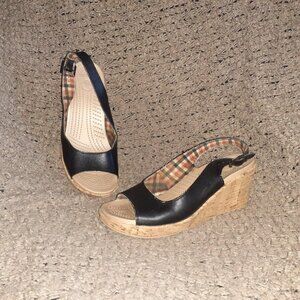 CROCS-A-Leigh-Black Leather-Slingback Cork Wedge Sandals-Sz 8-Excellent